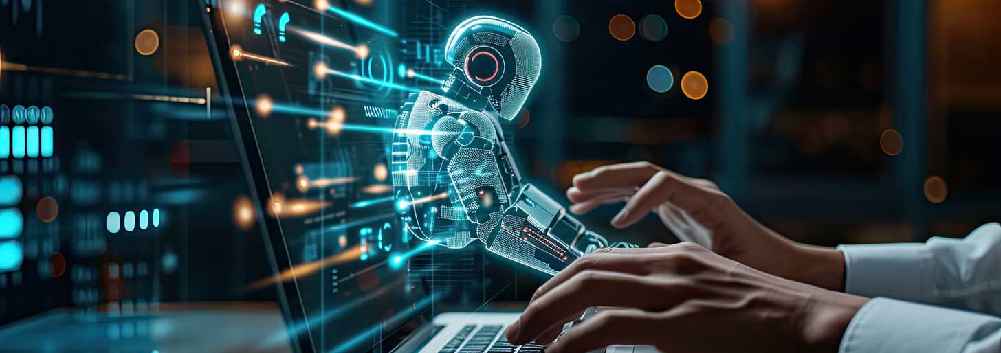 AI robot på vei ut av skjerm for å hjelpe et menneske å skrive på tastaturet til en laptop