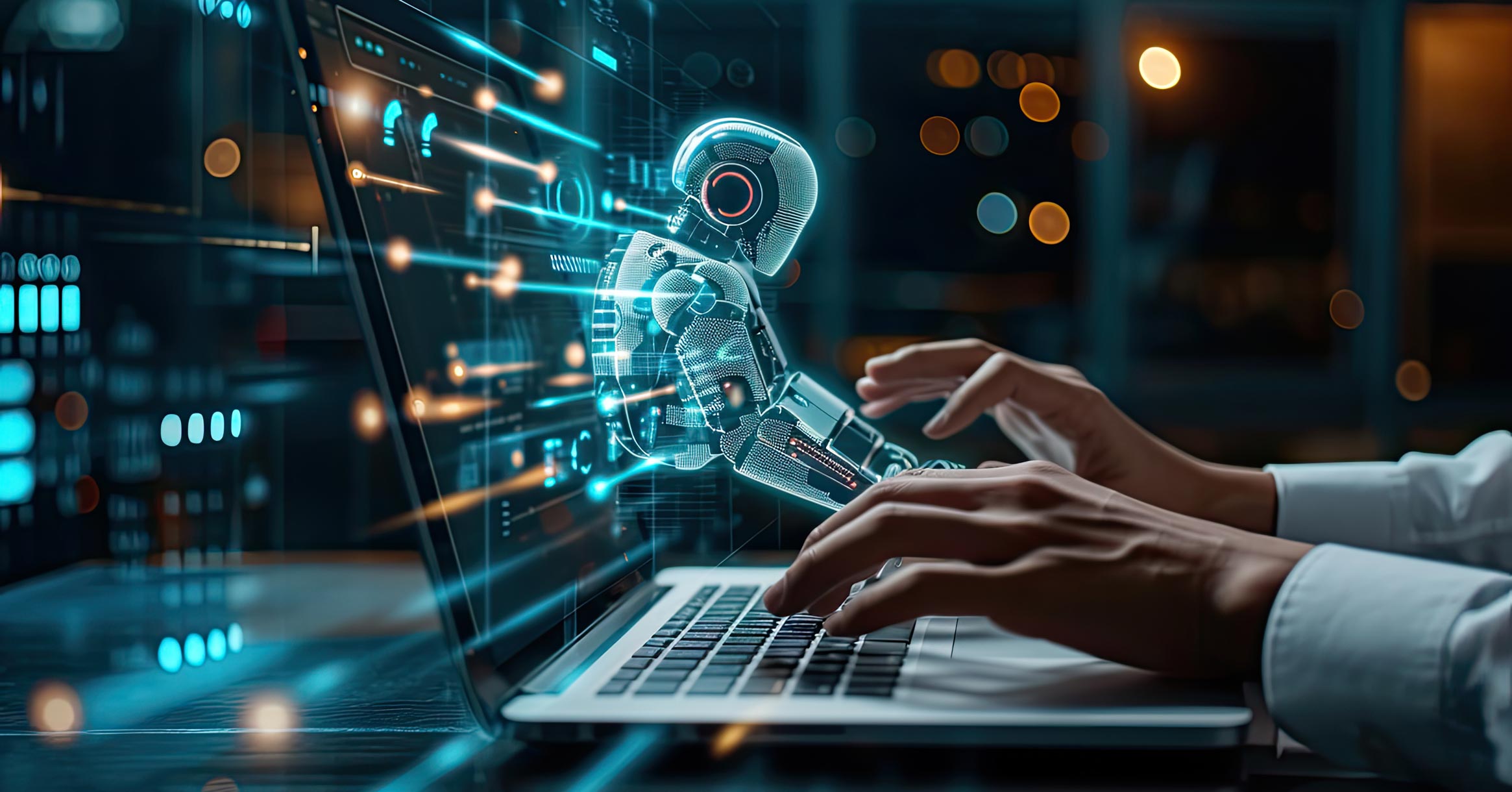 AI robot på vei ut av skjerm for å hjelpe et menneske å skrive på tastaturet til en laptop